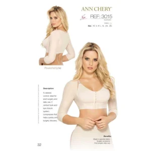 Mẫu áo định hình sau phẫu thuật thẩm mỹ tay và ngực Ann Chery Ref: 3015 màu nude, thiết kế dài tay với hàng nút cài phía trước, chất liệu co giãn và ôm sát cơ thể, giúp hỗ trợ hồi phục sau phẫu thuật và tạo dáng thon gọn. Mô hình hiển thị cả mặt trước và mặt sau của sản phẩm."
