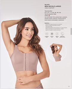Người mẫu mặc áo định hình ngực Ann Chery 5150 màu cà cao, chất liệu co giãn, thiết kế nâng ngực và hỗ trợ định hình lưng sau phẫu thuật thẩm mỹ.