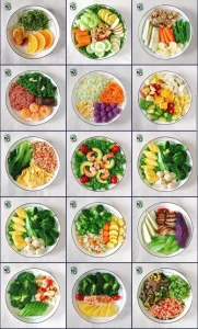 Hình ảnh các đĩa ăn kiêng lành mạnh giúp giảm cân, bao gồm rau củ, trái cây, protein nạc như thịt gà, trứng, tôm, và các loại hạt ngũ cốc, được sắp xếp theo từng khẩu phần. Hình ảnh các đĩa ăn kiêng lành mạnh giúp giảm cân, bao gồm rau củ, trái cây, protein nạc như thịt gà, trứng, tôm, và các loại hạt ngũ cốc, được sắp xếp theo từng khẩu phần.
