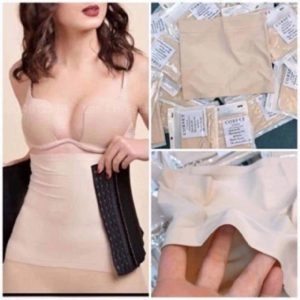 Mặc Đồ Lót Định Hình Khi Đi Làm – Bí Quyết Giữ Dáng & Tự Tin Suốt 8 Giờ Văn Phòng 4 "Chân dung một phụ nữ mặc đồ lót nịt bụng màu nude, kết hợp với một chiếc áo lót màu da. Bên cạnh là hình ảnh của nhiều sản phẩm đai nịt bụng được đóng gói sẵn. Đai nịt bụng này có thiết kế dễ dàng sử dụng và mang lại sự thoải mái trong suốt cả ngày làm việc."