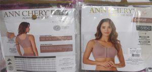 Bao bì phía sau sản phẩm áo định hình ngực Ann Chery 5150, hiển thị bảng kích thước và mô tả chi tiết chức năng sản phẩm bằng tiếng Tây Ban Nha và tiếng Anh.