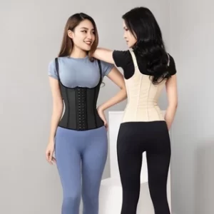 "Hai phụ nữ mặc đồ nịt bụng, một người mặc đai nịt bụng màu đen, người còn lại mặc đai nịt bụng màu be. Họ đang đứng gần nhau trong một không gian trang nhã, thể hiện sự khác biệt trong kiểu dáng và màu sắc của sản phẩm."