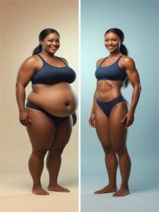 "Hình ảnh trước và sau phẫu thuật thẩm mỹ bụng của một phụ nữ mặc đồ lót định hình màu xanh navy. Bên trái thể hiện vóc dáng trước phẫu thuật với bụng lớn và da chùng nhão. Bên phải cho thấy kết quả sau phẫu thuật bụng và sử dụng đồ lót định hình: cơ thể săn chắc, vòng eo thon gọn và vóc dáng rõ nét."