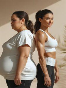 Phụ nữ trước và sau khi sử dụng đồ lót định hình kết hợp giảm cân, mặc đồ thể thao trắng và đen, đứng quay lưng lại với nhau