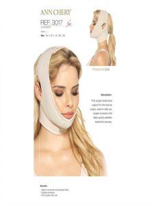 Hình ảnh sản phẩm Ann Chery REF: 3017 với mô tả chi tiết công dụng: hỗ trợ phục hồi sau phẫu thuật cằm hoặc hút mỡ mặt, giúp định hình và nâng cơ mặt hiệu quả.