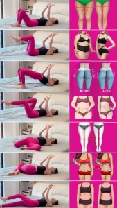 Hình ảnh một phụ nữ thực hiện các bài tập thể dục đơn giản trên giường, kết hợp với các minh họa cho thấy hiệu quả giảm cân ở vùng bụng, mông, đùi và bắp tay trước và sau khi tập luyện.