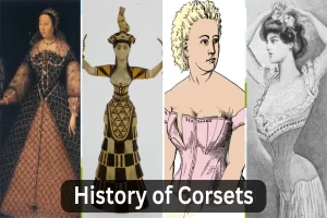 "Minh họa lịch sử phát triển corset qua các thời kỳ, từ trang phục cổ đại đến corset hiện đại, thể hiện sự thay đổi về kiểu dáng và chất liệu đồ lót định hình."