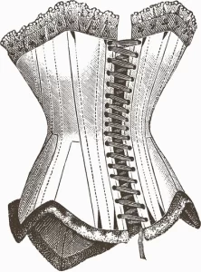 "Hình vẽ corset cổ điển với dây siết lưng phía sau, thiết kế ôm sát eo và phần viền ren trang trí, đại diện cho kiểu dáng đồ lót định hình truyền thống."