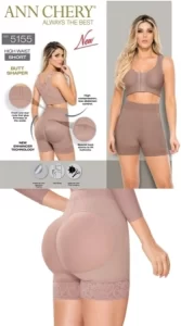 Hình ảnh giới thiệu sản phẩm gen định hình nâng mông Ann Chery 5155 màu nude. Thiết kế quần short lưng cao ôm sát giúp nâng mông, làm thon gọn vòng eo và đùi. Hình minh họa chi tiết công nghệ nâng mông và chất liệu co giãn cao cấp, phù hợp mặc hằng ngày để tạo đường cong gợi cảm.