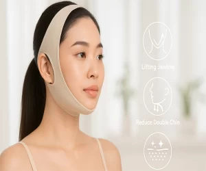 Cách Chọn Size Gen Cằm: 2 Bước Đơn Giản Để Có V-Line Hoàn Hảo 76 "Người phụ nữ đeo gen nịt cằm V-line màu be giúp nâng đường viền hàm, giảm nọng cằm và cải thiện độ đàn hồi da