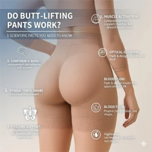 Người mẫu mặc quần định hình nâng mông màu nude; hình ảnh mô tả 5 yếu tố khoa học giải thích hiệu quả của quần nâng mông như kích hoạt cơ, hiệu ứng thị giác, tăng tuần hoàn, hỗ trợ tư thế và tăng sự tự tin. Quần Nâng Mông Có Hiệu Quả Không? 5 Sự Thật Khoa Học Cần Biết