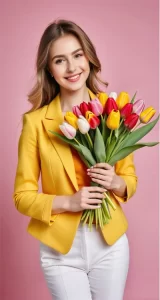 Review Gen Cằm Ann Chery 3017: Có Nên Mua Không? 5 Yếu Tố Quyết Định 69 "Review gen cằm Ann Chery 3017 – cô gái trẻ mặc áo blazer vàng cầm bó hoa tulip nhiều màu, minh họa sự tự tin và gương mặt V-line thon gọn."