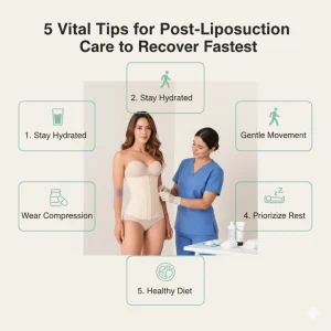 5 lưu ý chăm sóc sau hút mỡ để phục hồi nhanh — bao gồm uống đủ nước, vận động nhẹ, mang gen nịt bụng định hình, nghỉ ngơi và ăn uống khoa học.