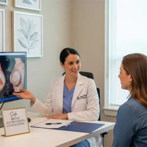 Bác sĩ giải thích chi tiết về phương pháp nâng ngực an toàn với hình ảnh trực quan trên màn hình trong buổi tư vấn.