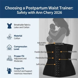 Gen nịt bụng sau sinh Ann Chery 2026 với chất liệu cotton và latex thoáng khí, nén vừa phải, khung xương linh hoạt, lớp lót mềm mại, móc cài điều chỉnh, mang lại sự thoải mái và hỗ trợ tối ưu cho mẹ sau sinh.