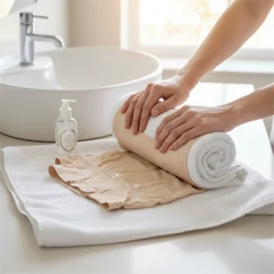 Hướng dẫn giặt đồ định hình bằng tay: ngâm với nước và xà phòng dịu nhẹ, bóp nhẹ, xả sạch rồi để khô tự nhiên