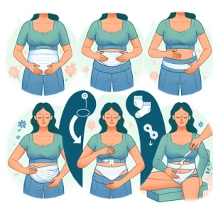 Hướng dẫn cách sử dụng đai nịt bụng sau sinh từng bước. Hình ảnh minh họa phụ nữ thực hành quấn đai, điều chỉnh khóa dán và cố định để hỗ trợ phục hồi vóc dáng sau sinh hiệu quả