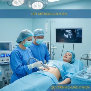 Hút Mỡ Bụng An Toàn: 7 Tiêu Chí Sống Còn Cần Biết Trước Khi Làm 42 "Quy trình hút mỡ bụng an toàn chuẩn y khoa, bác sĩ và ekip y tế chuyên nghiệp đang thực hiện phẫu thuật hút mỡ bụng cho nữ bệnh nhân trong phòng mổ hiện đại