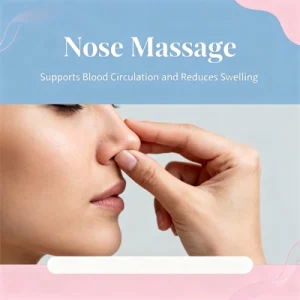 Nâng Mũi Tự Nhiên: 4+ Mẹo An Toàn Giúp Mũi Cao & Thon Gọn Hơn 3 "Người phụ nữ dùng tay massage nhẹ nhàng vùng mũi để tăng tuần hoàn máu và giảm sưng."