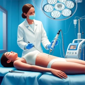 "Quy trình hút mỡ bụng an toàn được bác sĩ chuyên khoa thực hiện cho nữ bệnh nhân trong phòng phẫu thuật hiện đại, sử dụng thiết bị y tế chuyên dụng."