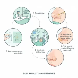 Nâng Mũi S-Line: 5+ Tiêu Chuẩn Vàng & Bí Quyết Để Có Dáng Mũi Đẹp Tự Nhiên Infographic quy trình nâng mũi S-Line theo tiêu chuẩn vàng: tư vấn, đo vẽ dáng mũi, gây mê phẫu thuật, tạo sống mũi cong chữ S, kết quả mũi đẹp tự nhiên