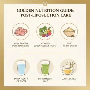 Infographic hướng dẫn dinh dưỡng sau hút mỡ: bổ sung đạm nạc, vitamin, kẽm và uống nước, nước ép khổ qua, trà râu ngô.