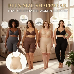 Hình ảnh bốn phụ nữ ngoại cỡ mặc đồ lót định hình body-shaper trong nhiều màu sắc khác nhau, thể hiện khả năng ôm dáng và hỗ trợ định hình cơ thể. Thiết kế tập trung vào sự tự tin, tôn đường cong tự nhiên của phụ nữ. Hình kèm mô tả về mức độ nén (compression), nâng đỡ và định hình vóc dáng.