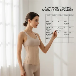 Người phụ nữ mặc gen nịt bụng Ann Chery, chỉ vào bảng lịch trình 7 ngày tập siết eo cho người mới bắt đầu.