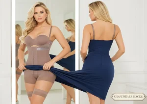 "Người mẫu mặc đồ định hình toàn thân màu nude, thử váy ôm sát cơ thể để kiểm tra độ mịn và không lộ viền – mẹo chọn đồ định hình không bị cuộn, giúp dáng đẹp tự nhiên