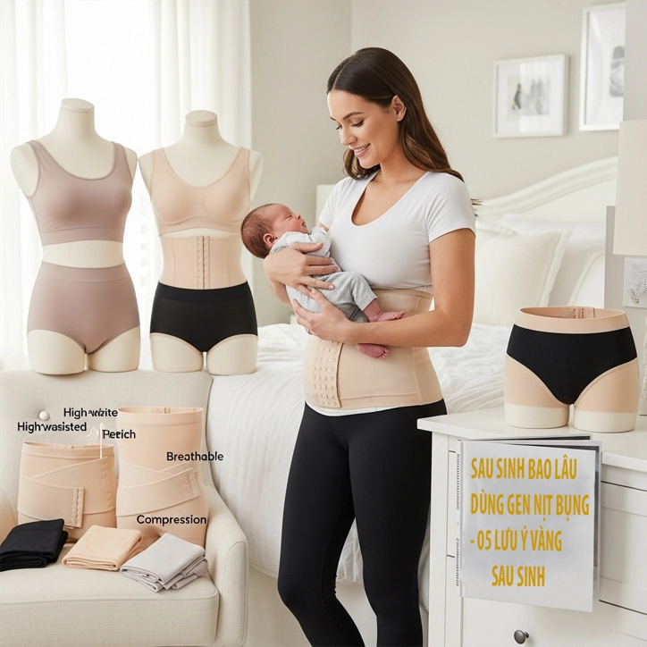 Sau sinh bao lâu thì dùng gen nịt bụng — mẹ sau sinh sử dụng gen nịt bụng kết hợp đồ lót định hình để hỗ trợ phục hồi vòng eo