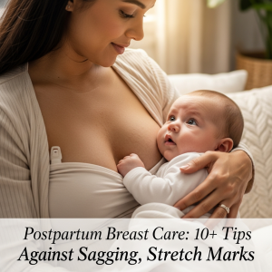 Mẹ đang bế và cho em bé bú trong không gian ấm áp, hình minh họa chủ đề chăm sóc ngực sau sinh hạn chế chảy xệ và rạn da.