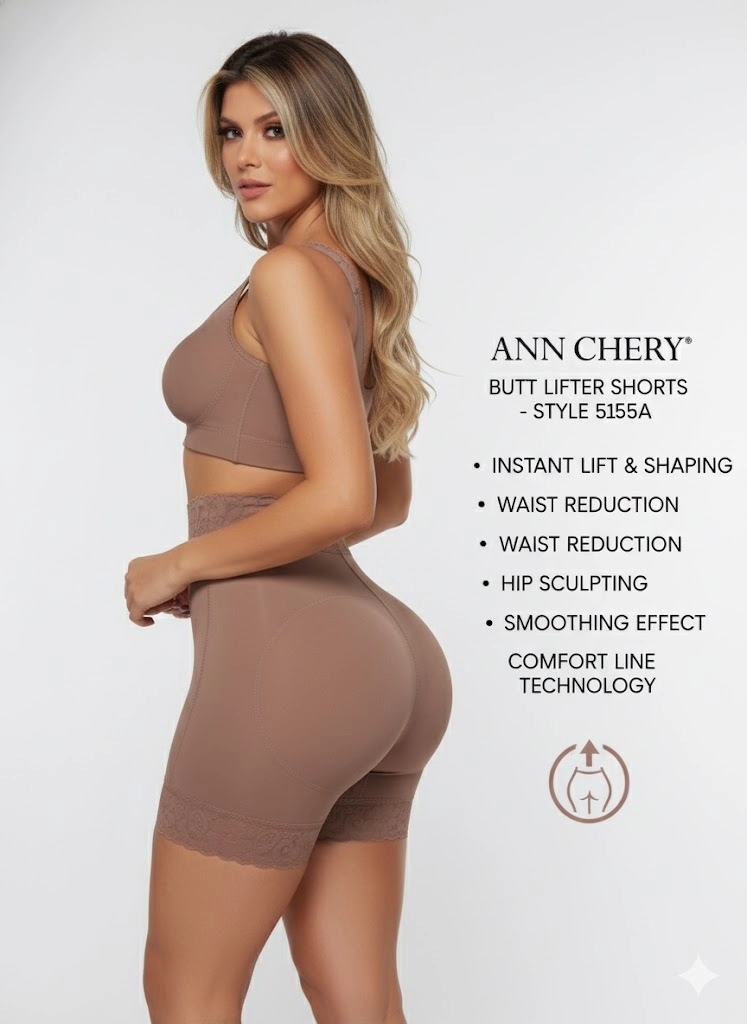 Mẫu nữ mặc quần định hình nâng mông Ann Chery màu nâu, đứng xoay lưng thể hiện khả năng tạo dáng vòng 3 và siết gọn eo, kèm thông tin tính năng sản phẩm như nâng mông tức thì, giảm vòng eo và làm mịn cơ thể.