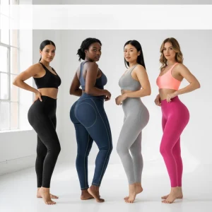 Bốn người mẫu mặc quần định hình nâng mông và áo thể thao trong các màu khác nhau, đứng cạnh nhau trong studio, thể hiện hiệu quả tạo dáng ôm sát và nâng vòng 3.