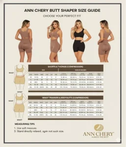 Hình ảnh bảng size quần định hình nâng mông Ann Chery Butt Shaper, hiển thị các size từ XS đến 3XL cho quần và bodysuit, kèm hình người mẫu mặc sản phẩm và minh họa vị trí đo vòng eo và vòng mông để chọn kích cỡ phù hợp.