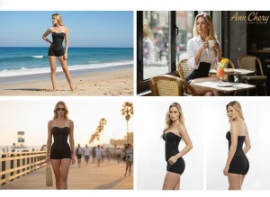 Người mẫu mặc gen nịt bụng Ann Chery màu đen tạo dáng ở bãi biển, quán cà phê và phố đi bộ, minh họa hiệu quả định hình eo và tôn dáng sau khi sử dụng thường xuyên.