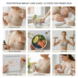 Hướng dẫn chăm sóc ngực sau sinh: hình ảnh gồm 9 bước như mặc áo nâng đỡ, uống nước, dưỡng ẩm, massage nhẹ, ăn uống lành mạnh, tập thể dục, giảm cân từ từ, bảo vệ da khỏi nắng và cho bé bú thường xuyên.