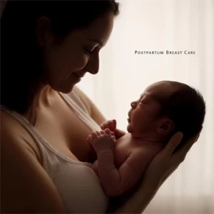 Người mẹ sau sinh ôm và nâng em bé sơ sinh trong không gian ánh sáng dịu nhẹ, minh họa chủ đề chăm sóc ngực sau sinh.