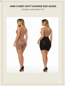 Hai mẫu nữ mặc quần định hình nâng mông Ann Chery đứng xoay lưng, thể hiện sự ôm dáng và khả năng tạo form vòng 3; hình minh họa bảng hướng dẫn chọn size