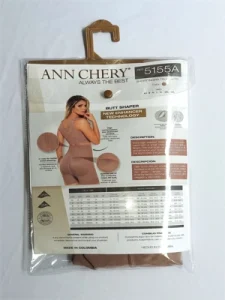 Bao bì sản phẩm quần định hình nâng mông Ann Chery 5155A màu nude, mặt trước in hình người mẫu mặc sản phẩm, kèm mô tả tính năng và bảng chọn size.
