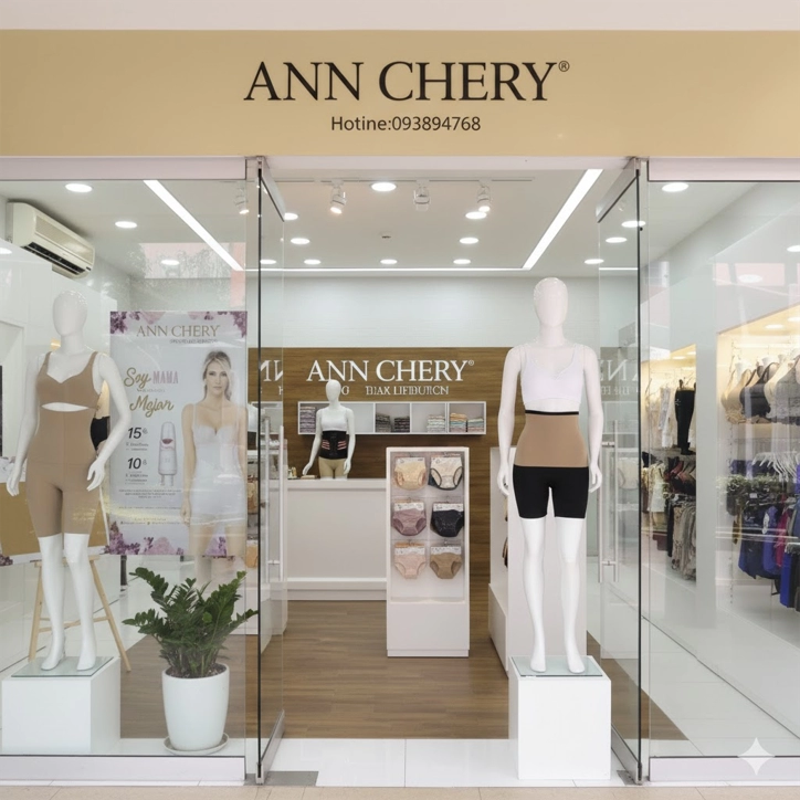 Hình ảnh cửa hàng Ann Chery chính hãng, trưng bày quần định hình nâng mông, gen nịt bụng và bodysuit trên mannequin, không gian sang trọng và chuyên nghiệp