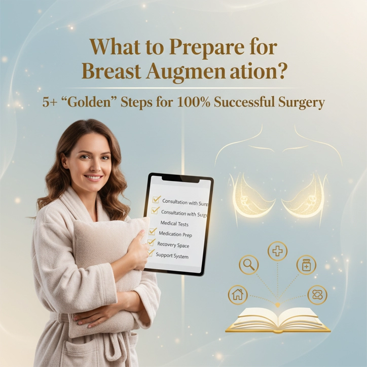 Cần Chuẩn Bị Gì Cho Nâng Ngực? 5+ Bước "Vàng" Để Ca Mổ Thành Công 100% 1 Minh họa hướng dẫn chuẩn bị trước phẫu thuật nâng ngực với 5+ bước quan trọng, hình ảnh phụ nữ cầm bảng checklist tư vấn bác sĩ, xét nghiệm y tế, chuẩn bị thuốc và chăm sóc phục hồi để ca mổ thành công.