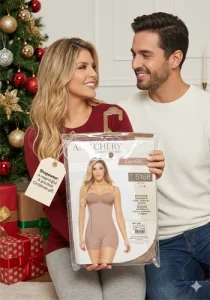 Cặp đôi ngồi bên cây thông Noel trang trí Giáng Sinh, người phụ nữ cầm hộp sản phẩm đồ lót định hình Ann Chery chính hãng, gợi ý đồ định hình là món quà Giáng Sinh ý nghĩa, tinh tế và thiết thực dành cho vợ hoặc bạn gái.