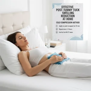 Người phụ nữ nằm trên giường chườm lạnh vùng bụng sau phẫu thuật để giảm sưng, kèm bảng hướng dẫn chườm lạnh tại nhà