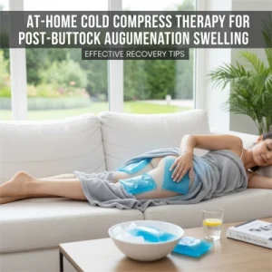 Phụ nữ nằm trên sofa chườm lạnh vùng mông sau phẫu thuật thẩm mỹ, minh họa liệu pháp chườm lạnh tại nhà giúp giảm sưng và phục hồi.