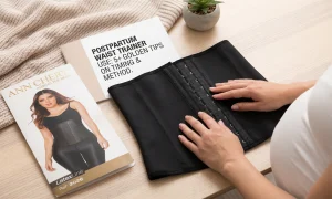 Gen nịt bụng latex đặt trên bàn cùng tài liệu hướng dẫn sử dụng sau sinh, minh họa cách dùng đai nịt bụng postpartum giúp lấy lại vòng eo nhanh chóng.