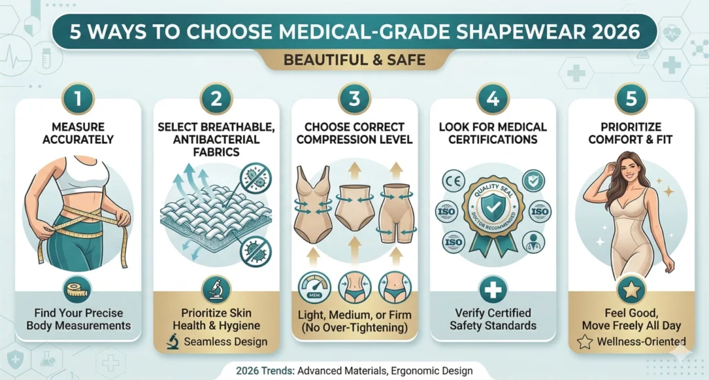 5 cách chọn đồ lót định hình chuẩn y khoa 2026 đẹp và an toàn gồm đo size chính xác, chọn vải thoáng khí kháng khuẩn, mức nén phù hợp, chứng nhận y khoa và ưu tiên cảm giác thoải mái khi mặc