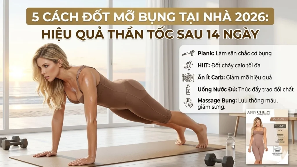 5 cách đốt mỡ bụng tại nhà 2026 hiệu quả nhanh sau 14 ngày với plank, HIIT, ăn ít carb, uống đủ nước và massage bụng giúp giảm mỡ và săn chắc vòng eo.