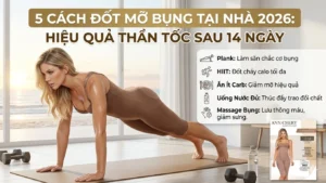 5 cách đốt mỡ bụng tại nhà 2026 hiệu quả nhanh sau 14 ngày với plank, HIIT, ăn ít carb, uống đủ nước và massage bụng giúp giảm mỡ và săn chắc vòng eo.