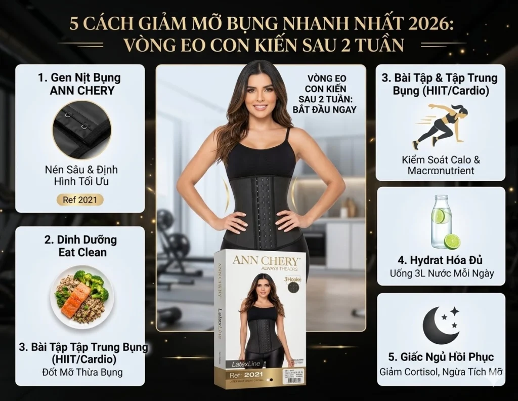 5 cách giảm mỡ bụng nhanh nhất 2026 với gen nịt bụng Ann Chery, chế độ ăn eat clean, tập HIIT/cardio, uống đủ nước và ngủ đủ giấc giúp nhanh chóng sở hữu vòng eo con kiến.