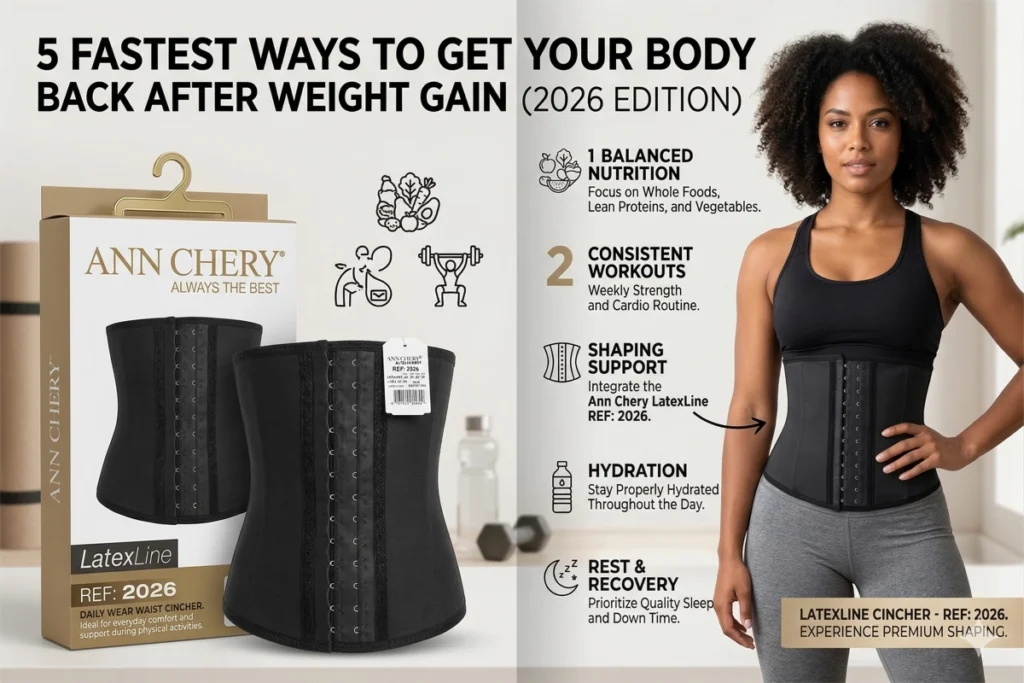 5 cách nhanh nhất lấy lại vóc dáng sau tăng cân 2026 với gen nịt bụng latex Ann Chery kết hợp dinh dưỡng cân bằng, tập luyện đều đặn, uống đủ nước và nghỉ ngơi hợp lý giúp siết eo hiệu quả.
